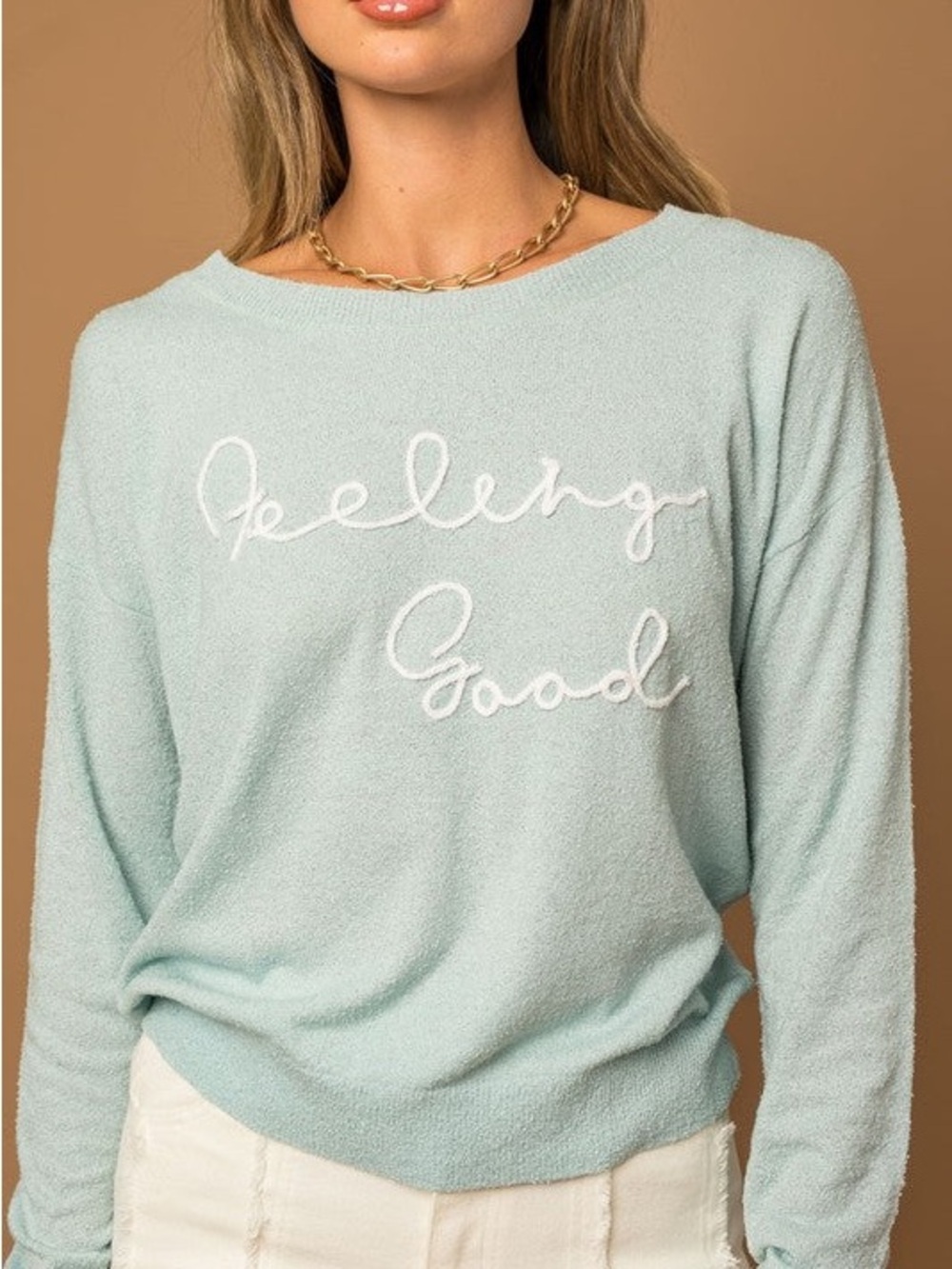 NWT Korye Light Weight Relaxed Fit ‘Feeling Good’ Sweater Sea Mist Blue Size 1X